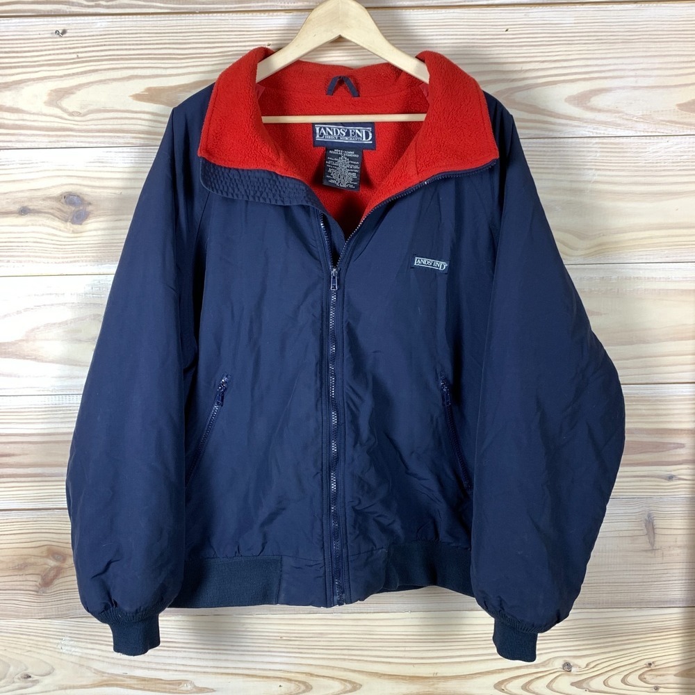 Lands End Jacket Men XL Navy Red Squall Bomber Fleece Nautical‎ Sailing Coat 90s